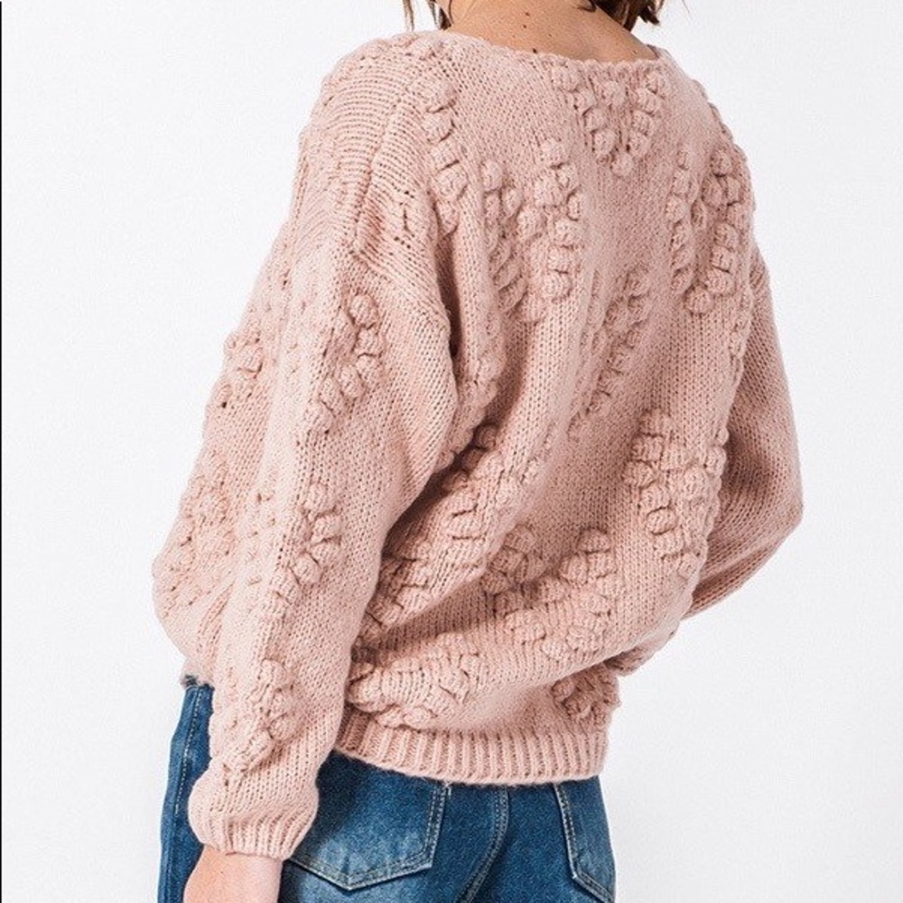 $ FIRM 🌷Mauve Heart Pom Pom Chunky Knit Sweater - Picture 3 of 5